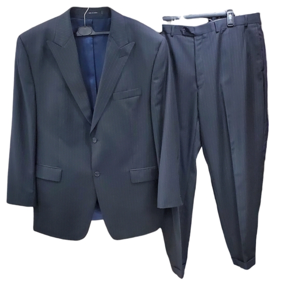 Calvin Klein suit men's 44R black pinstripe peak pants 42x30 cuffed Woolmark